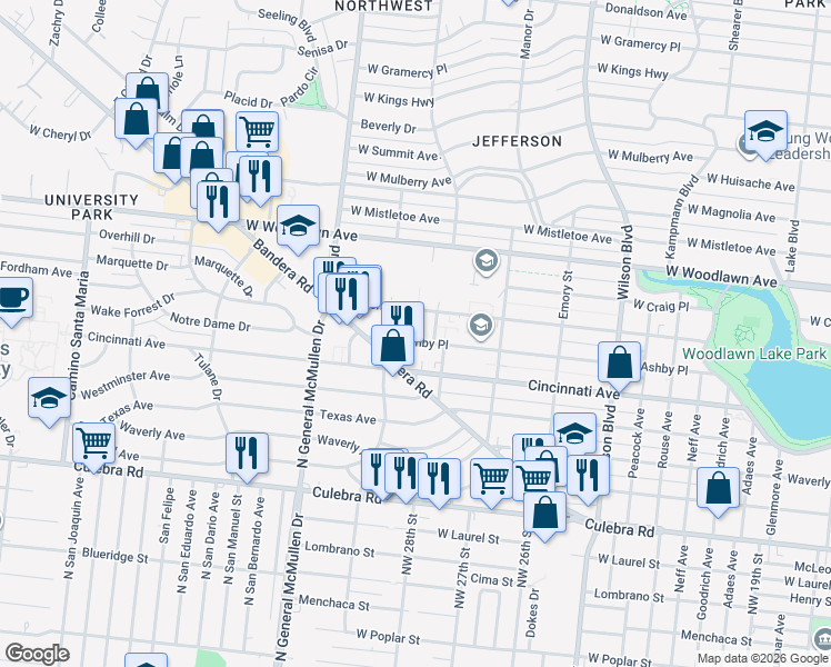 map of restaurants, bars, coffee shops, grocery stores, and more near 3220 West Ashby Place in San Antonio