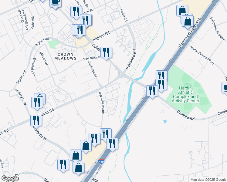 map of restaurants, bars, coffee shops, grocery stores, and more near 7520 Potranco Road in San Antonio