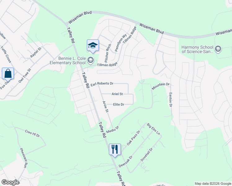 map of restaurants, bars, coffee shops, grocery stores, and more near 12942 Ariel Street in San Antonio