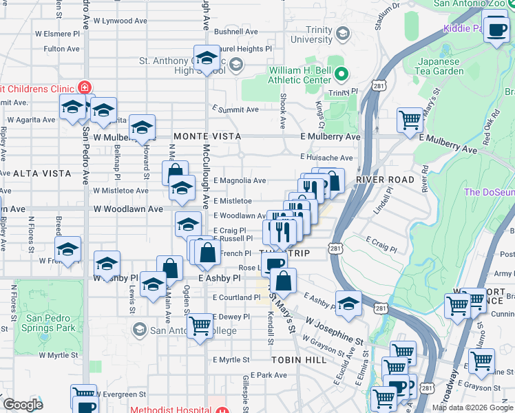 map of restaurants, bars, coffee shops, grocery stores, and more near 324 East Woodlawn Avenue in San Antonio