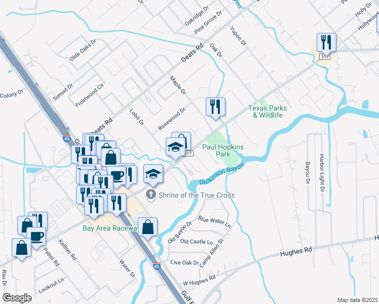 map of restaurants, bars, coffee shops, grocery stores, and more near 901 Farm-To-Market 517 Road East in Dickinson