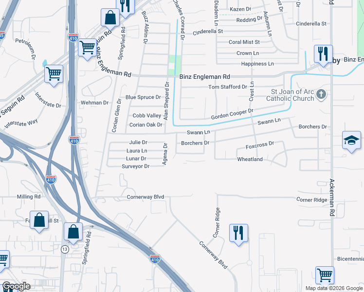 map of restaurants, bars, coffee shops, grocery stores, and more near 4810 Borchers Drive in San Antonio