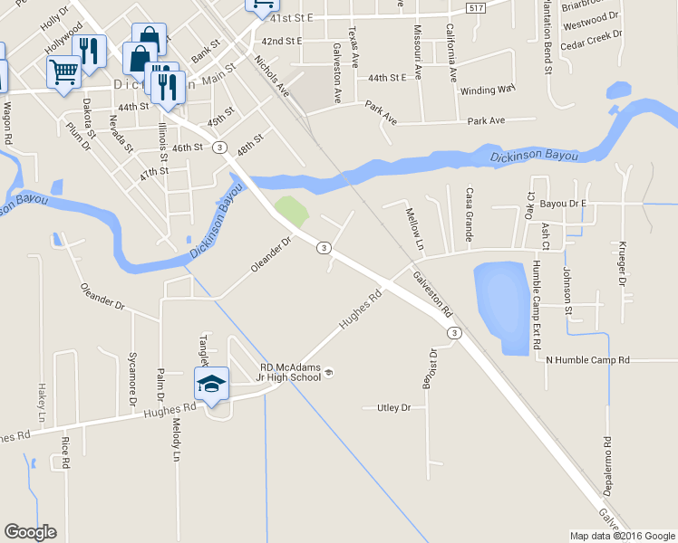 map of restaurants, bars, coffee shops, grocery stores, and more near 5200 Texas 3 in Dickinson
