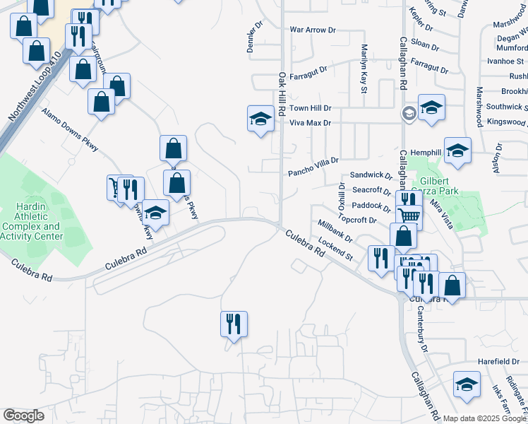 map of restaurants, bars, coffee shops, grocery stores, and more near 6251 Culebra Road in San Antonio