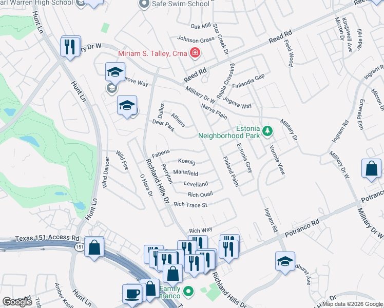 map of restaurants, bars, coffee shops, grocery stores, and more near 8938 Koenig in San Antonio