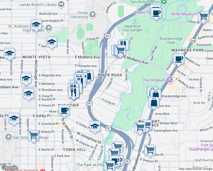 map of restaurants, bars, coffee shops, grocery stores, and more near 102 Armour Place in San Antonio