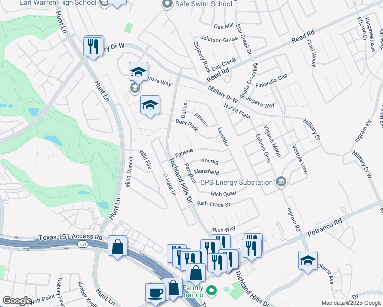 map of restaurants, bars, coffee shops, grocery stores, and more near 9030 Koenig in San Antonio