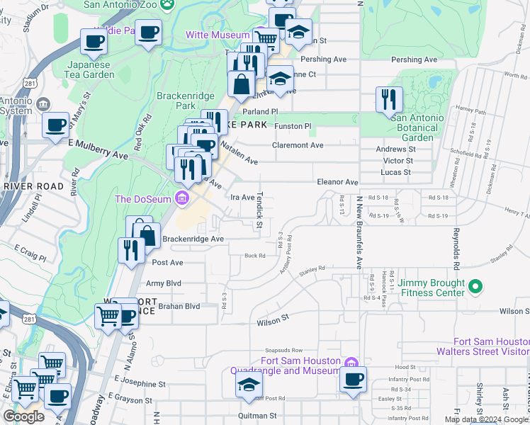 map of restaurants, bars, coffee shops, grocery stores, and more near 1318 East Mulberry Avenue in San Antonio