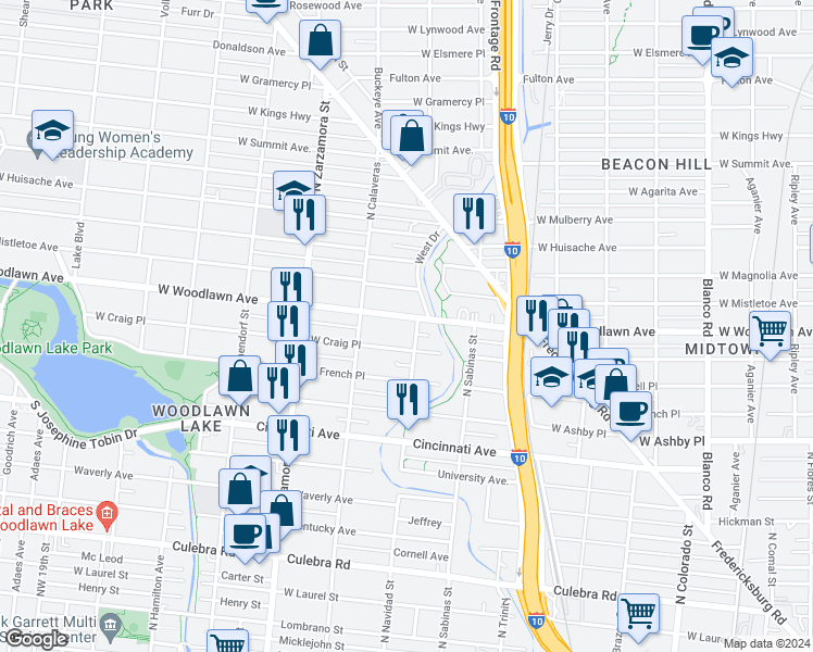 map of restaurants, bars, coffee shops, grocery stores, and more near 1511 West Craig Place in San Antonio