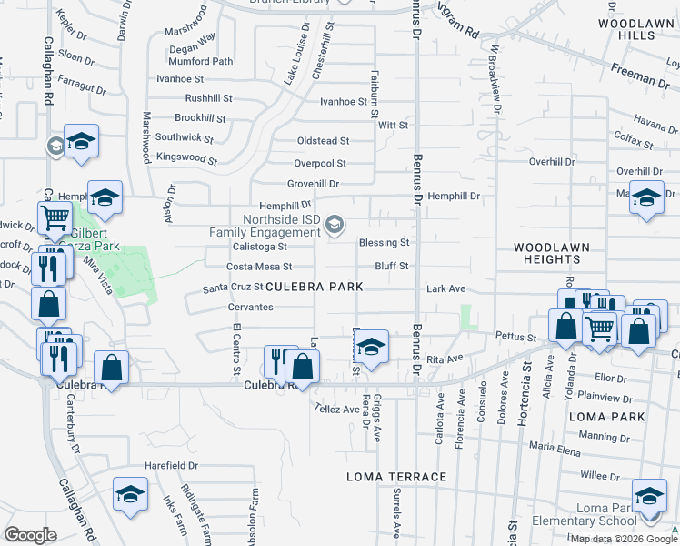 map of restaurants, bars, coffee shops, grocery stores, and more near 5223 Lark Avenue in San Antonio