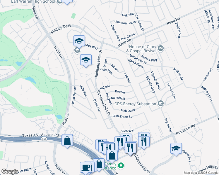 map of restaurants, bars, coffee shops, grocery stores, and more near 9030 Koenig in San Antonio