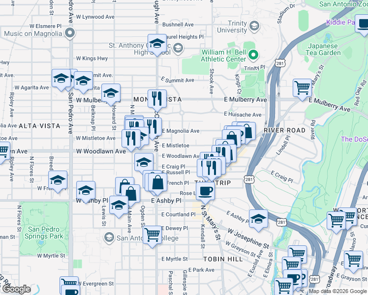 map of restaurants, bars, coffee shops, grocery stores, and more near 238 East Woodlawn Avenue in San Antonio