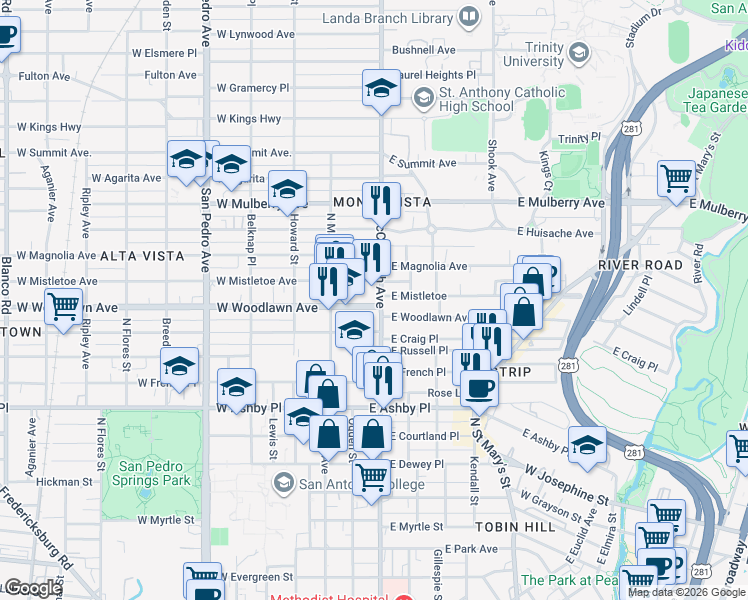 map of restaurants, bars, coffee shops, grocery stores, and more near in San Antonio