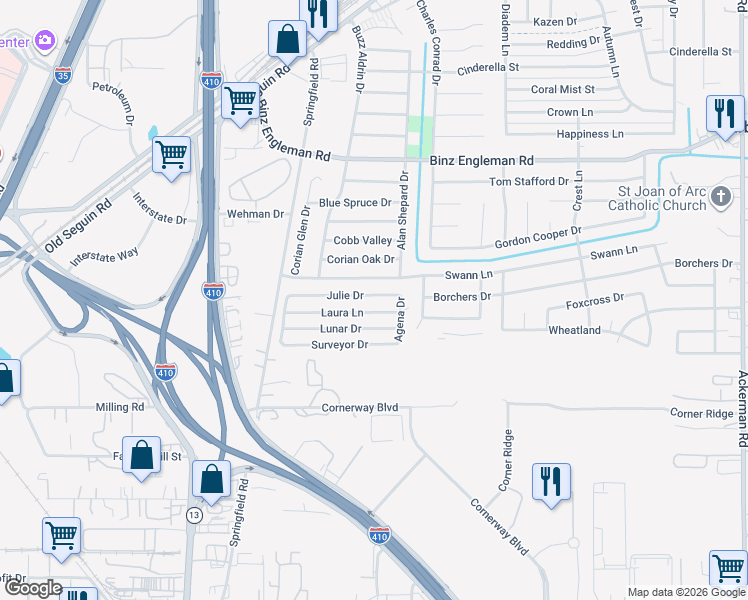 map of restaurants, bars, coffee shops, grocery stores, and more near 4926 Laura Lane in San Antonio