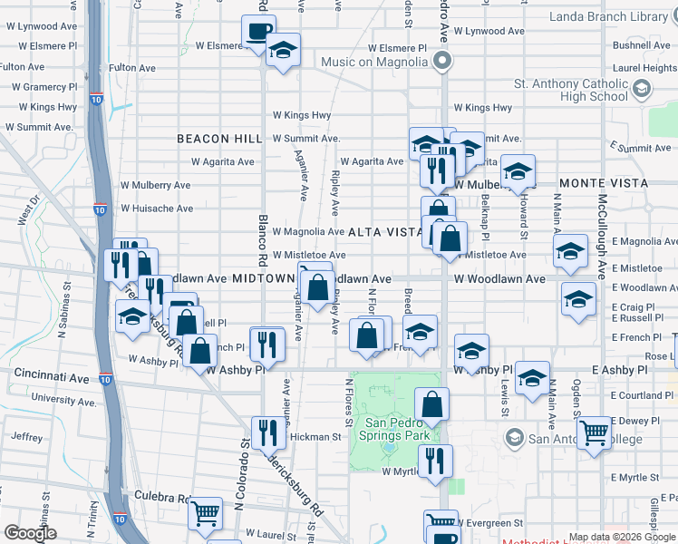 map of restaurants, bars, coffee shops, grocery stores, and more near 714 West Woodlawn Avenue in San Antonio