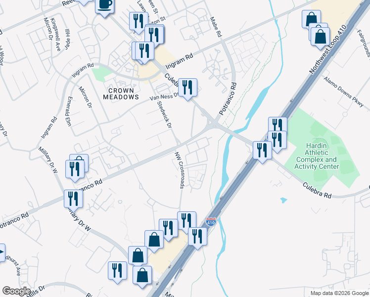 map of restaurants, bars, coffee shops, grocery stores, and more near 7520 Potranco Road in San Antonio