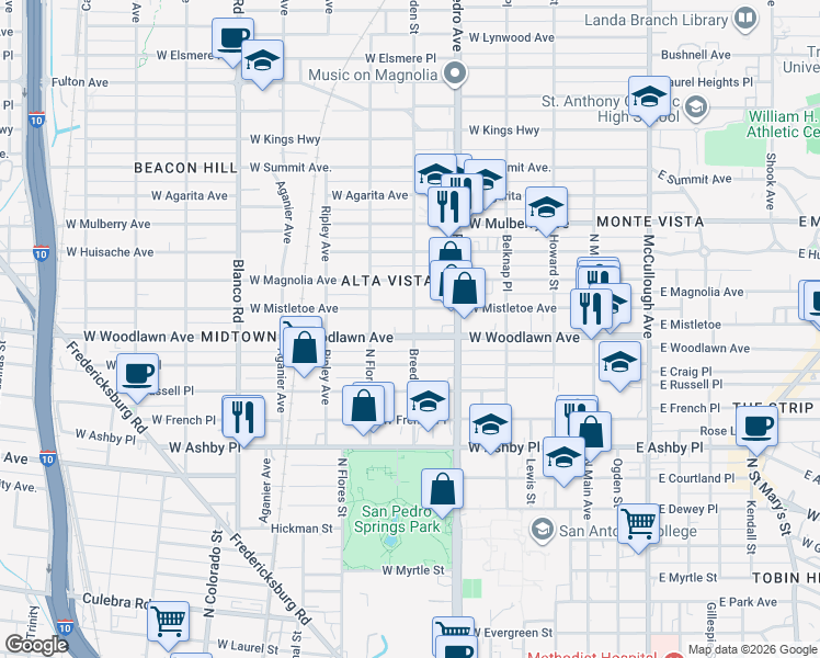 map of restaurants, bars, coffee shops, grocery stores, and more near 426 West Woodlawn Avenue in San Antonio