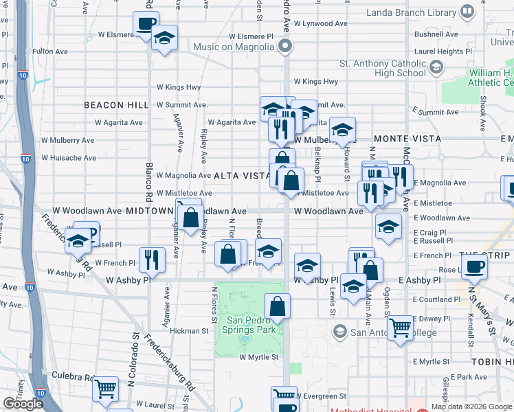map of restaurants, bars, coffee shops, grocery stores, and more near 501 West Woodlawn Avenue in San Antonio