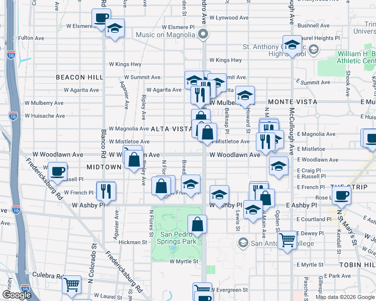 map of restaurants, bars, coffee shops, grocery stores, and more near 426 West Woodlawn Avenue in San Antonio