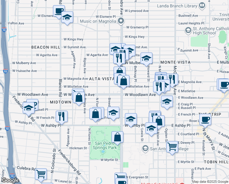 map of restaurants, bars, coffee shops, grocery stores, and more near 426 West Woodlawn Avenue in San Antonio