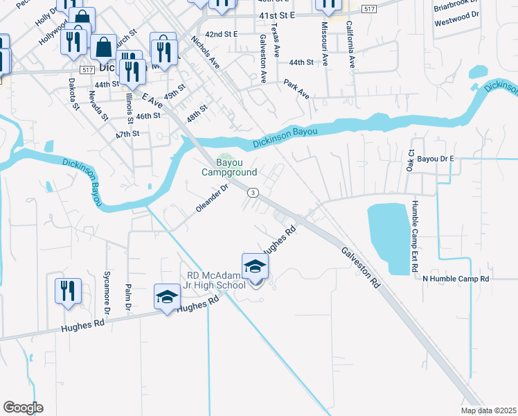 map of restaurants, bars, coffee shops, grocery stores, and more near 5200 Texas 3 in Dickinson