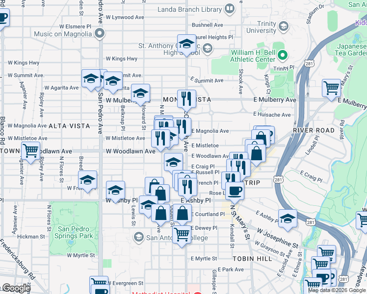 map of restaurants, bars, coffee shops, grocery stores, and more near in San Antonio