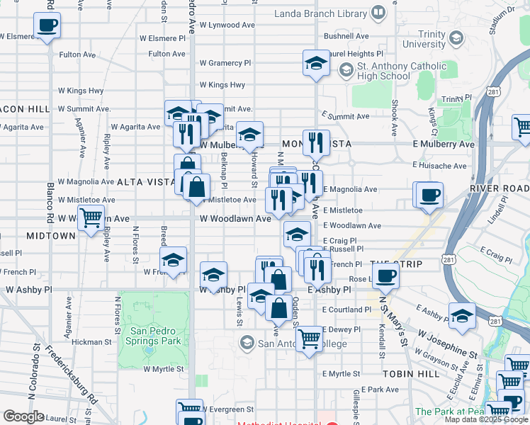 map of restaurants, bars, coffee shops, grocery stores, and more near 112 West Woodlawn Avenue in San Antonio