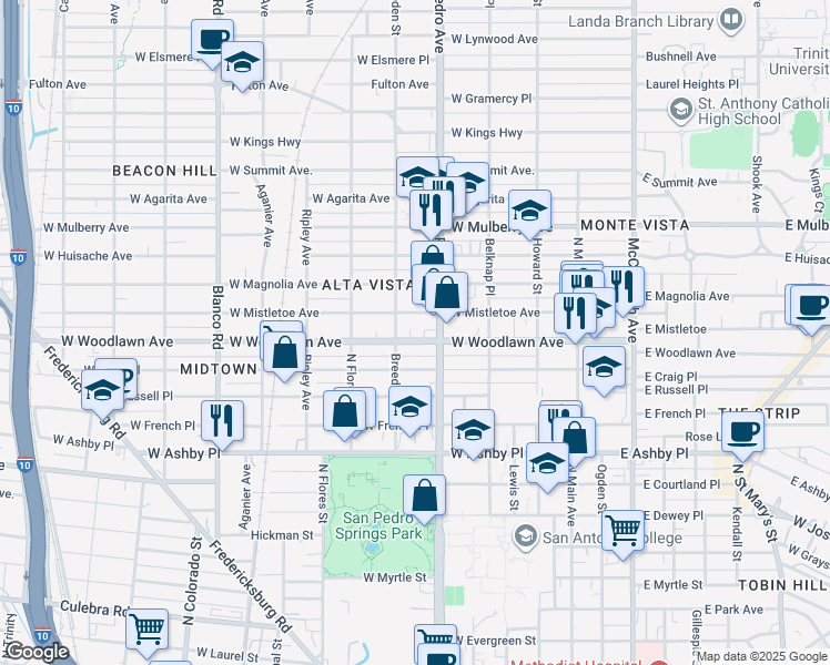 map of restaurants, bars, coffee shops, grocery stores, and more near 426 West Woodlawn Avenue in San Antonio