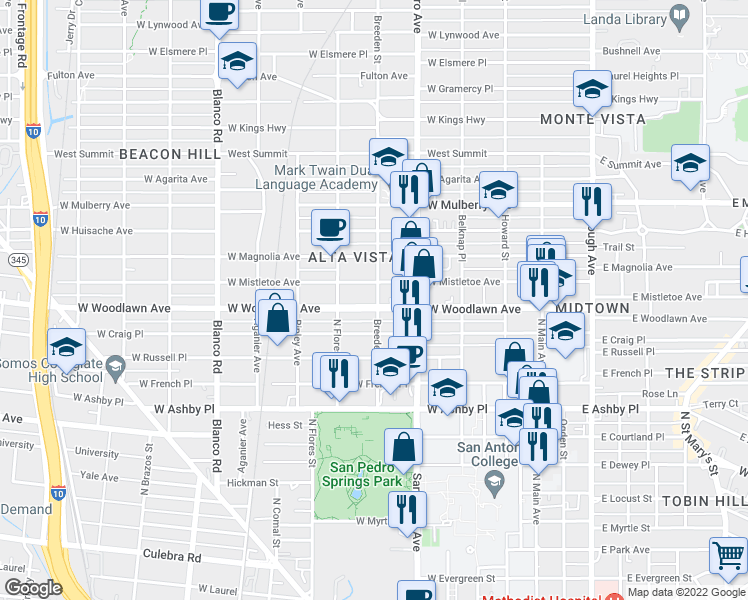 map of restaurants, bars, coffee shops, grocery stores, and more near 426 West Woodlawn Avenue in San Antonio