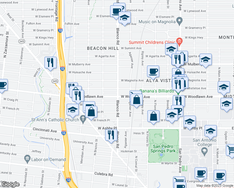 map of restaurants, bars, coffee shops, grocery stores, and more near 900 West Woodlawn Avenue in San Antonio