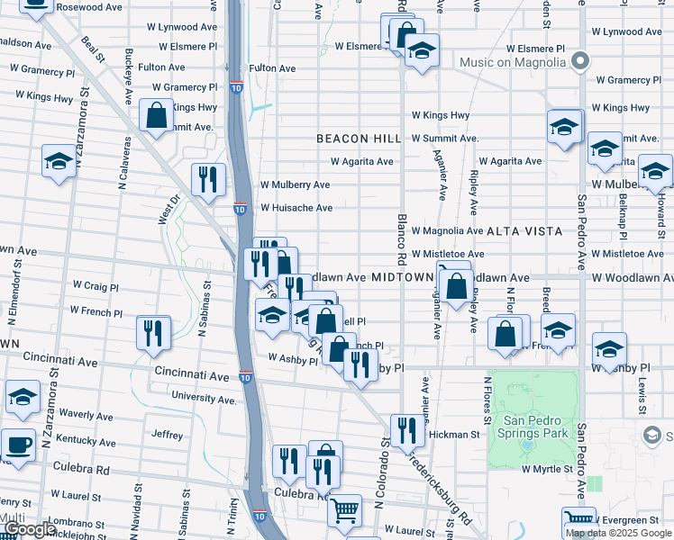 map of restaurants, bars, coffee shops, grocery stores, and more near 1020 West Woodlawn Avenue in San Antonio