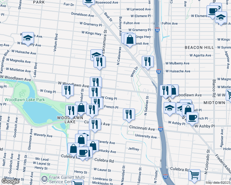 map of restaurants, bars, coffee shops, grocery stores, and more near 1547 West Craig Place in San Antonio