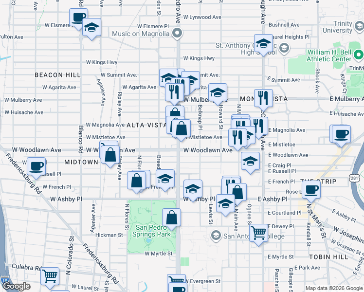 map of restaurants, bars, coffee shops, grocery stores, and more near 342 West Woodlawn Avenue in San Antonio