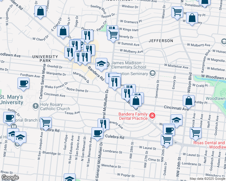 map of restaurants, bars, coffee shops, grocery stores, and more near 622 Bandera Road in San Antonio