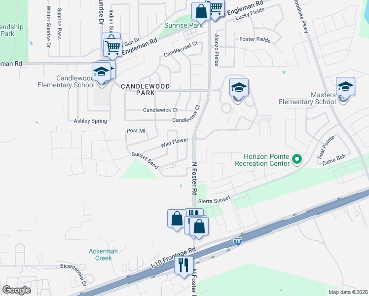 map of restaurants, bars, coffee shops, grocery stores, and more near 6503 Wild Flower Way in San Antonio