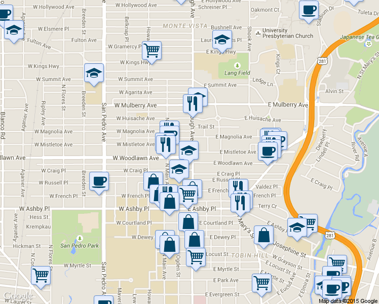 map of restaurants, bars, coffee shops, grocery stores, and more near 2600 McCullough Avenue in San Antonio