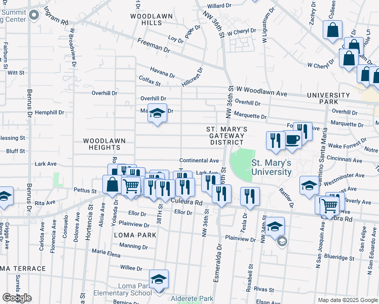 map of restaurants, bars, coffee shops, grocery stores, and more near 143 Globe Avenue in San Antonio