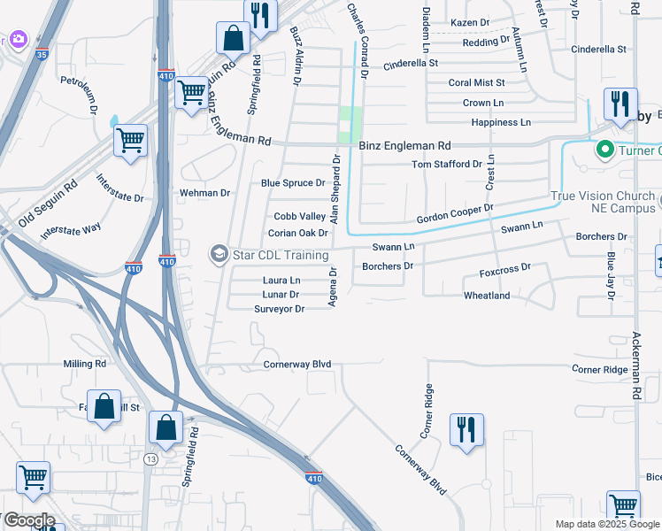 map of restaurants, bars, coffee shops, grocery stores, and more near 4999 Julie Drive in Kirby