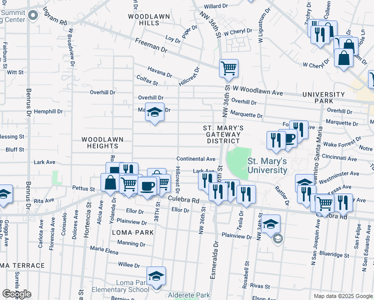 map of restaurants, bars, coffee shops, grocery stores, and more near 143 Globe Avenue in San Antonio