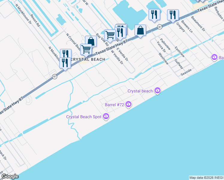 map of restaurants, bars, coffee shops, grocery stores, and more near 898 South Crystal Beach Road in Bolivar Peninsula