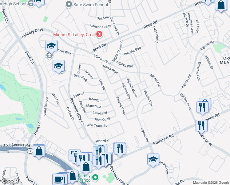 map of restaurants, bars, coffee shops, grocery stores, and more near 1815 Finland Palm in San Antonio