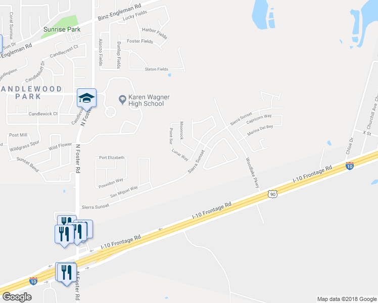 map of restaurants, bars, coffee shops, grocery stores, and more near 2703 Moon Rock in Converse