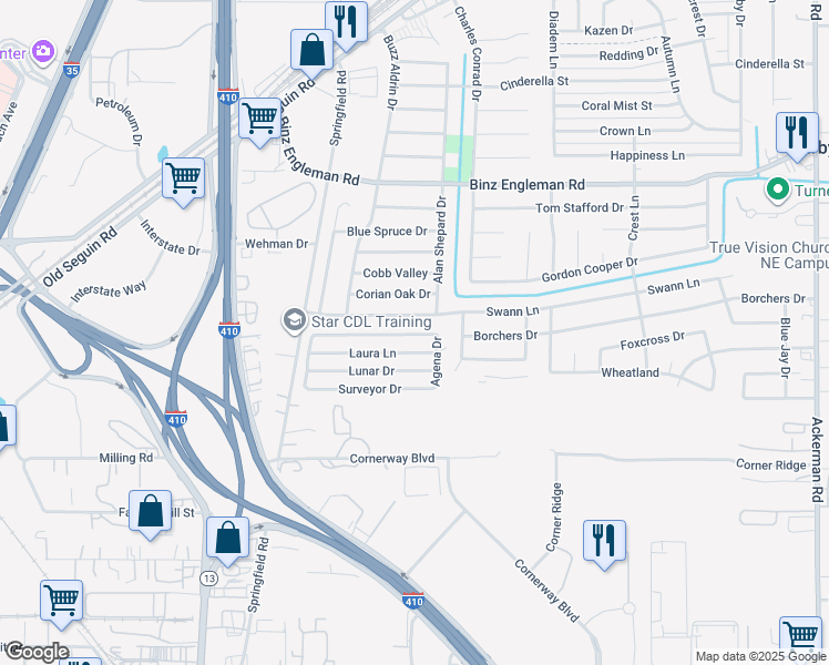 map of restaurants, bars, coffee shops, grocery stores, and more near 4741 Swann Lane in Kirby
