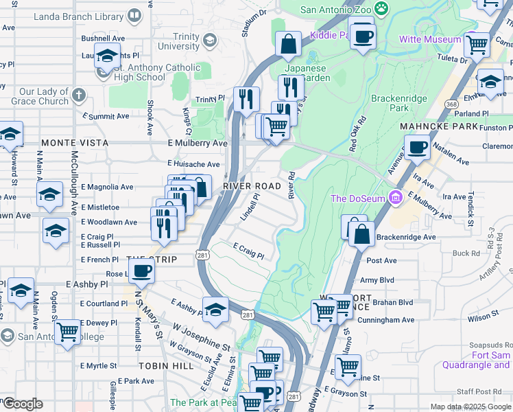 map of restaurants, bars, coffee shops, grocery stores, and more near 233 Dewberry in San Antonio