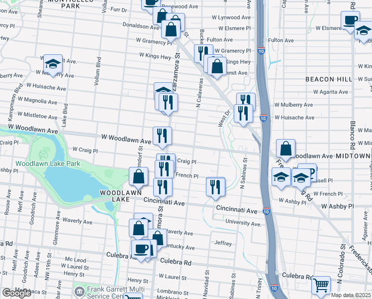 map of restaurants, bars, coffee shops, grocery stores, and more near 1633 West Woodlawn Avenue in San Antonio