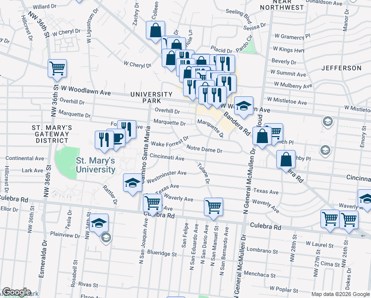 map of restaurants, bars, coffee shops, grocery stores, and more near 403 Wake Forrest Drive in San Antonio