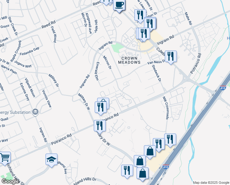 map of restaurants, bars, coffee shops, grocery stores, and more near 7931 M G Road in San Antonio