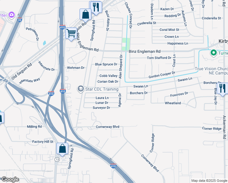 map of restaurants, bars, coffee shops, grocery stores, and more near 4741 Swann Lane in Kirby