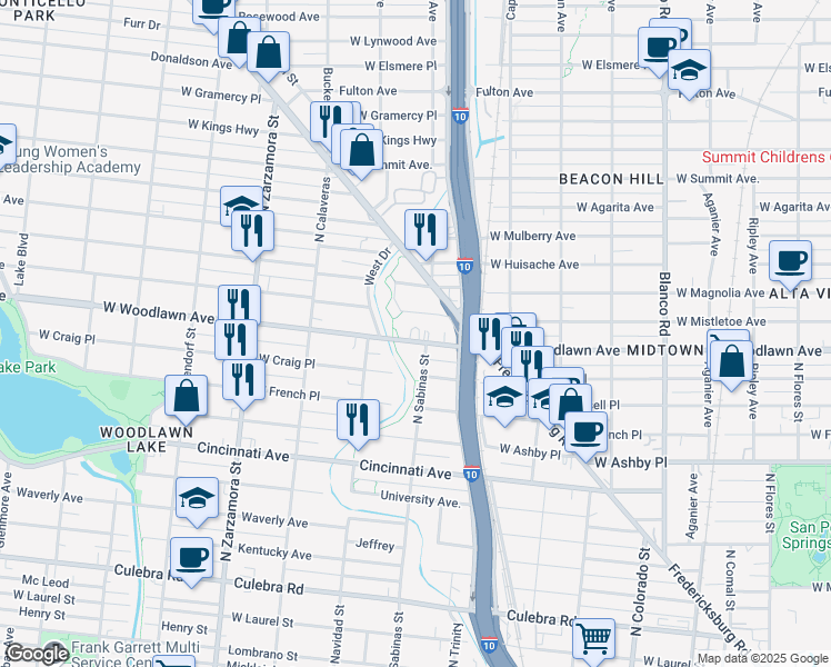 map of restaurants, bars, coffee shops, grocery stores, and more near 1400 West Mistletoe Avenue in San Antonio