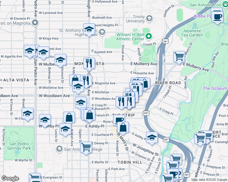 map of restaurants, bars, coffee shops, grocery stores, and more near 418 East Magnolia Avenue in San Antonio